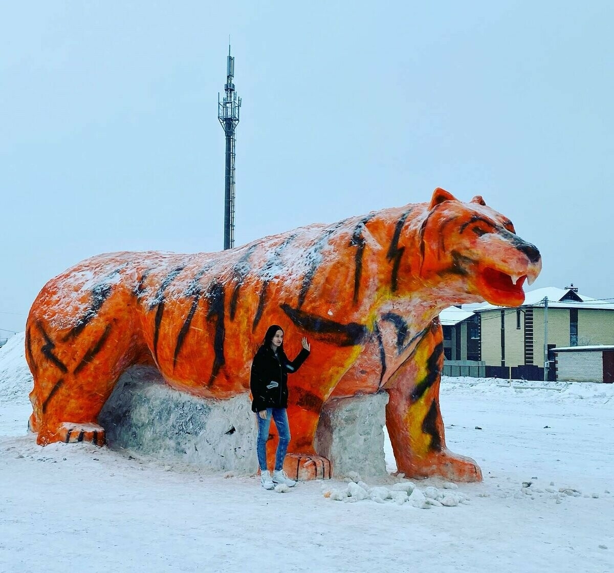 В Зеленодольске слепили 9-метровую снежную фигуру тигра