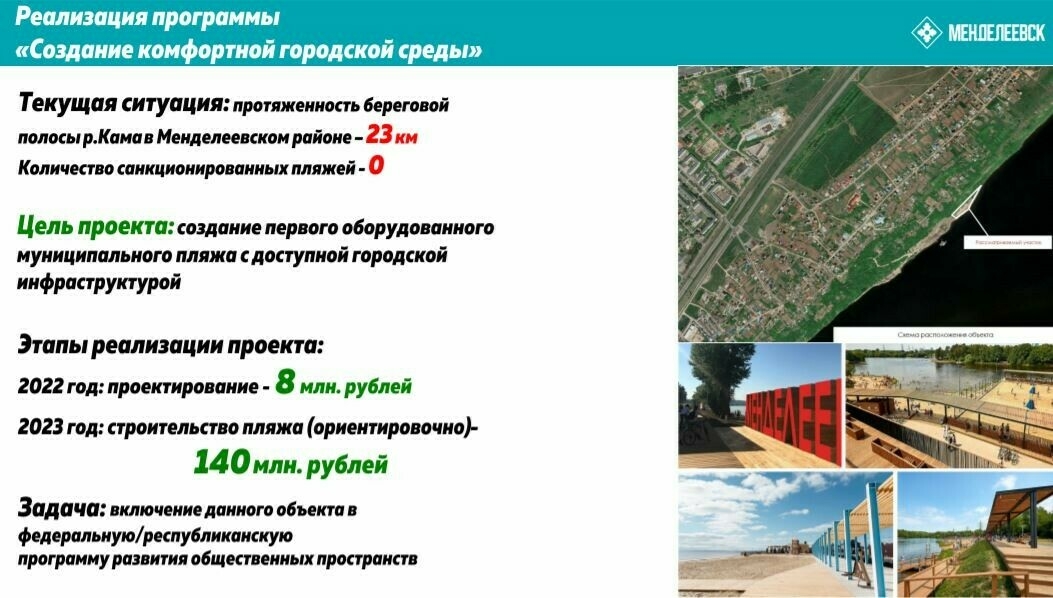 На создание пляжа в Менделеевске будет направлено 144 млн рублей