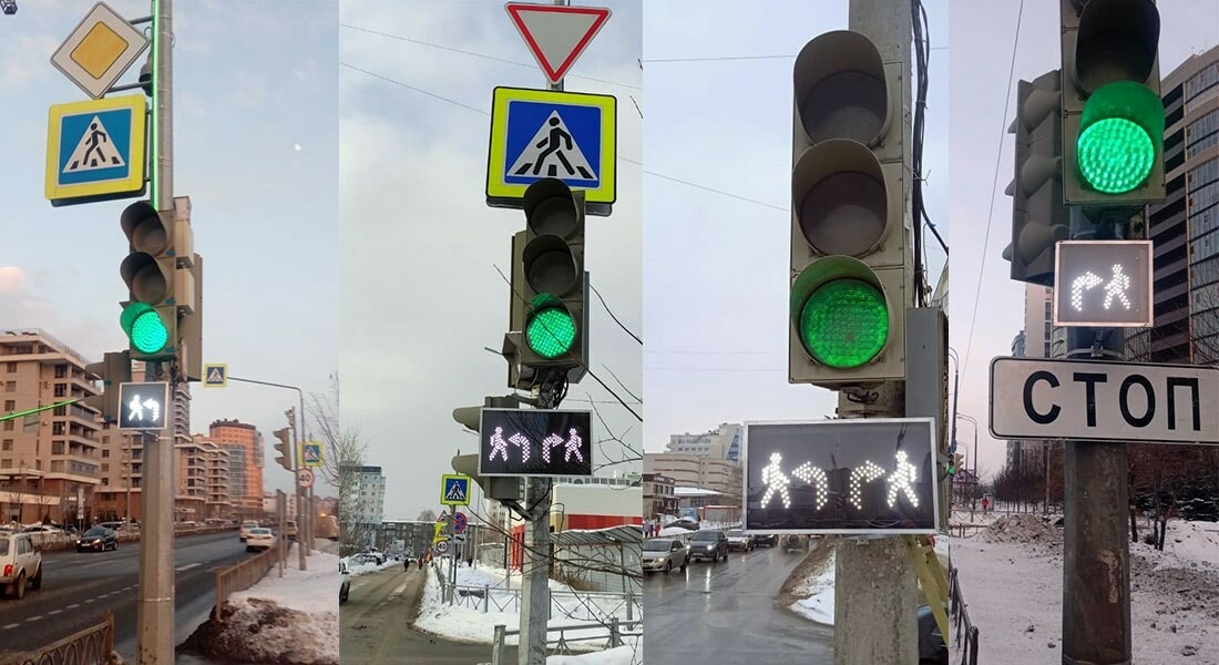 Светофоры еще на пяти перекрестках в Казани оснастили указателями о пешеходах на повороте