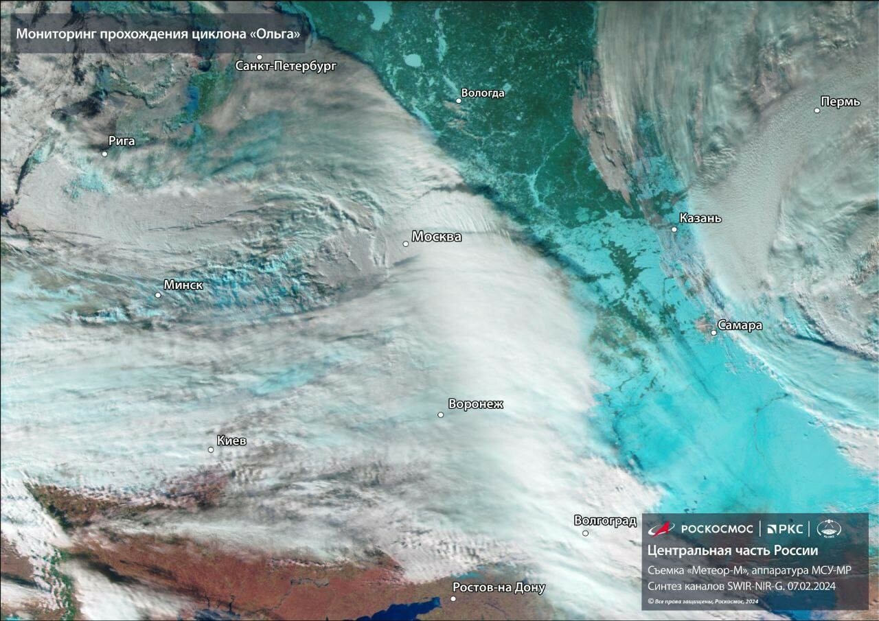 Роскосмос показал спутниковый снимок циклона «Ольга», надвигающегося на Татарстан