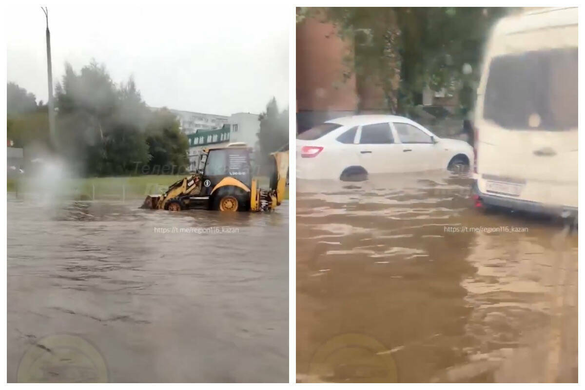 Утренний потоп на дорогах Казани сняли на видео