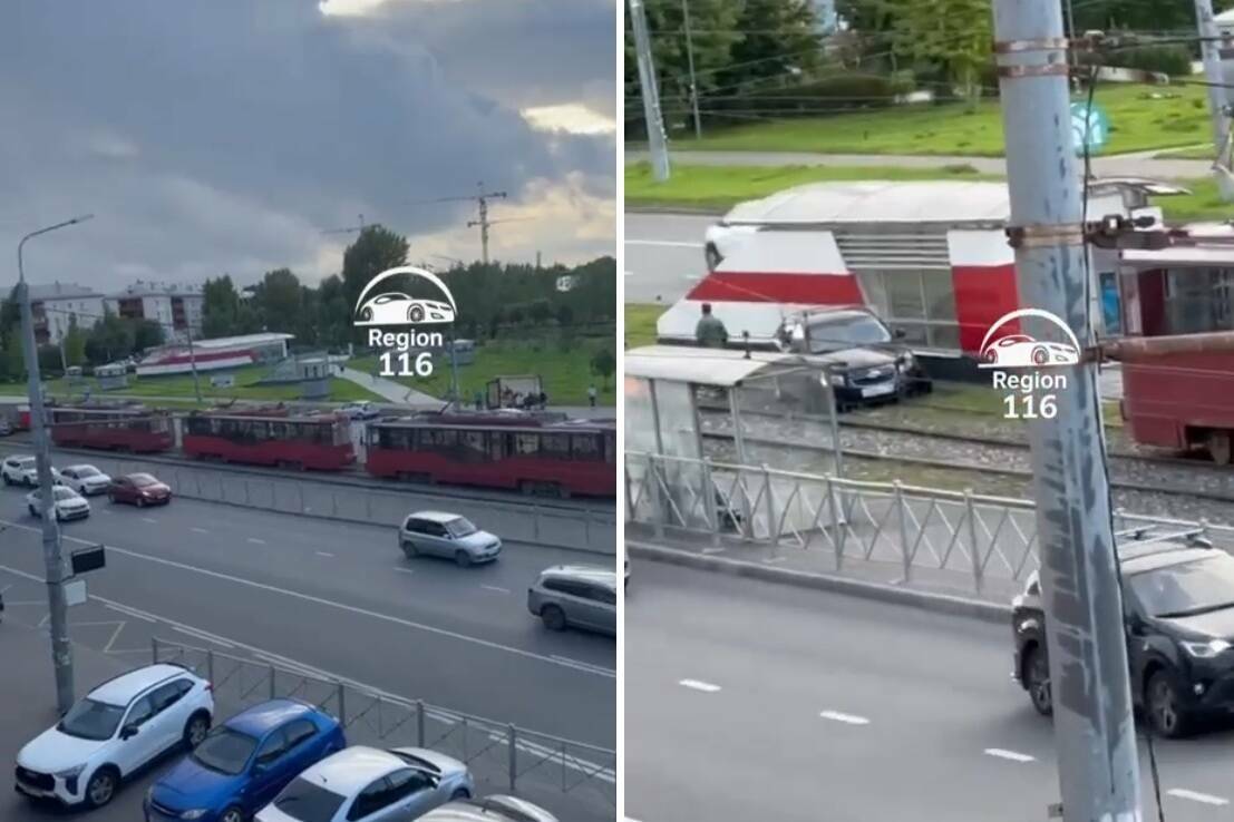 Трамваи встали из-за авто, застрявшего на рельсах у Северного вокзала в Казани