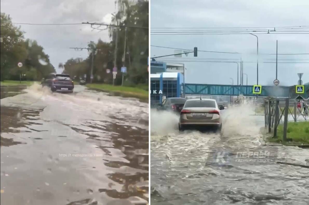 Ливень затопил дороги в Казани